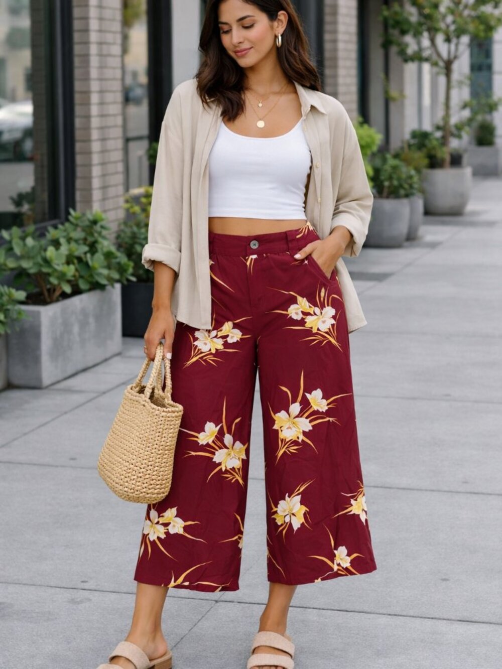 Modcloth Burgundy Floral Wide-Leg Pants with Button Front